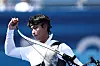 Lee Woo-seok reacts after winning bronze in the men's individual archery contest at the Paris Olympics on Sunday. [REUTERS/YONHAP]