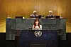 Kang Gyu-ri, a North Korean escapee, speaks during a high-level UN General Assembly meeting at UN headquarters in New York on May 20 in this photo captured from UN Web TV. [YONHAP]