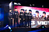 Korea's T1 stands on the stage after victory in the League of Legends 2023 World Championship Knockout Stage on Sunday in Busan. [RIOT GAMES]