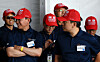 Hanwha Philly Shipyard staff are seen wearing 'Make American Shipbuilding Great Again' ball caps in Philadelphia, Pennsylvania, on Aug. 26, 2025. [YONHAP]