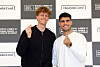 Jannik Sinner of Italy, left, and Carlos Alcaraz of Spain pose for photos after their press conference in Seoul on Jan. 9, on the eve of their exhibition tennis match in Korea. [YONHAP]