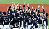 The Korean baseball team celebrate after beating Chinese Taipei 2-0 in the final of the Asian Games baseball tournament in Hangzhou, China on Saturday. [NEWS1]