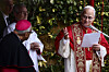 Pope Leo XIV, right, inaugurates a mosaic of the Virgin Mary and a statue of 16th-century Saint Rose of Lima during a ceremony in the Vatican Gardens, at the Vatican, Jan. 31. [REUTERS/YONHAP]
