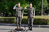 K-pop band BTS members Jimin, right, and Jungkook salute after being discharged from a mandatory military service in Yeoncheon, Gyeonggi, on June 11, 2025. [AP/YONHAP]