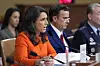 Director of National Intelligence Tulsi Gabbard, left, joined by CIA Director John Ratcliffe, testifies as the House Intelligence Committee holds a hearing on worldwide threats, at the Capitol, in Washington, March 26. [AP/YONHAP]