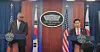 South Korean Defense Minister Kim Yong-hyun, right, and U.S. Defense Secretary Lloyd Austin attend a press conference at the Pentagon near Washington on Wednesday. [YONHAP]