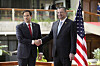 U.S. Secretary of State Marco Rubio shakes hands with Costa Rican President Rodrigo Chaves during a joint news conference at the presidential palace in San Jose, Costa Rica, on Feb. 4. [POOL/REUTERS/YONHAP]