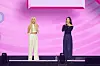 Singers Bada, left, and Eugene of girl group S.E.S. talk to the audience at the “SMTOWN Live 2025 [The Culture, The Future] in Seoul” held at the Gocheok Sky Dome in western Seoul on Jan. 11 and 12. [SM ENTERTAINMENT]