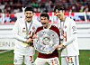 From left: Bayern Munich's Kim Min-jae, Thomas Muller and Hiroki Ito celebrate winning the 2024-25 Bundesliga title at Allianz Arena in Munich, Germany on May 10. [REUTERS/YONHAP]