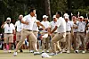 Tom Kim, left, and Kim Si-woo celebrate on day three of the 2022 Presidents Cup at Quail Hollow Country Club in Charlotte, North Carolina on Sept. 24, 2022. [GETTY IMAGES]