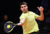 Carlos Alcaraz of Spain in action against Jannik Sinner of Italy during the Hyundai Card Super Match against Carlos Alcaraz of Spain in Incheonon Jan. 10.  [EPA/YONHAP]