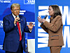Former U.S. President and Republican presidential candidate Donald Trump, left, is seen in Oaks, Pennsylvania, on Oct. 14, and U.S. Vice President and Democratic presidential candidate Kamala Harris is in Kalamazoo, Michigan, on Oct. 26. [AFP/YONHAP]