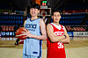 Goyang Sono Skygunners center Kang Ji-hoon, left, poses for photos with Seoul SK Knights power forward Daniel Edi at Jamsil Students' Gymnasium in southern Seoul. [SEOUL SK KNIGHTS]