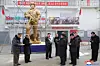 North Korean leader Kim Jong-un, third from left, inspects sculptures, which honor the country's soldiers killed in the Russia-Ukraine war, at the Mansudae Art Studio in Pyongyang on Jan. 25, in this photo published by the Korean Central News Agency the following day. [YONHAP]