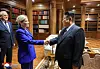 North Korean leader Kim Jong-un, right, shakes hands with Russia's Culture Minister Olga Lyubimova in Pyongyang on June 29. [YONHAP]