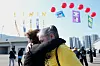 Fans react after they see K-pop band BTS members Jimin and Jungkook in Yeoncheon, Gyeonggi, on June 11, 2025, the day that the two singers finish their military duties. [AP/YONHAP]