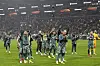 Tottenham players celebrate their victory in the second leg of the Europa League quarterfinal against Eintracht Frankfurt, in Frankfurt, Germany, on April 17. [AP/YONHAP]