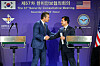 Korean Defense Minister Ahn Gyu-back, right, and U.S. Defense Secretary Pete Hegseth shake hands as they hold a joint press conference following the 57th Security Consultative Meeting in Yongsan District, central Seoul, on Nov. 4. [JOINT PRESS CORPS]