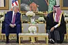 U.S. President Donald Trump and Saudi Crown Prince and Prime Minister Mohammed bin Salman Al Saud speak during a coffee ceremony at the Royal Terminal of King Khalid International Airport in Riyadh on May 13. [AP/YONHAP]