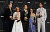 From left, actors Young Mazino, Maria Bello, Steven Yeun, Ali Wong, and Joseph Lee hold awards as they pose together at the 75th Primetime Emmy Awards in Los Angeles on Tuesday. [REUTERS/YONHAP]