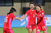 Korea's Jeon Eun-ha, right, celebrates after scoring a goal during a Group E match at the Hangzhou Asian Games against Myanmar at Wenzhou Sports Centre Stadium in Wenzhou, China on Friday. [YONHAP]