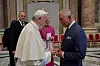 Pope Francis speaks with Britain's King Charles on the day of the canonization of 19th-century British cardinal John Henry Newman at the Vatican Oct. 13, 2019. [REUTERS/YONHAP]
