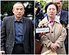 Self-proclaimed power broker Myung Tae-kyun, left, and former People Power Party lawmaker Kim Young-sun, right, arrive at the Changwon District Court in South Gyeongsang for their warrant review hearings on Thursday. Their warrants were both approved by the court the same day. [NEWS1]