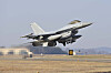 A KF-16 fighter jet armed with MK-82 bombs takes off during a combined exercise at the Seungjin Training Field in Pocheon, Gyeonggi, on Jan. 23. [ROK AIR FORCE]