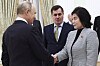 Russian President Vladimir Putin, left, greets North Korean Foreign Minister Choe Son-hui during their meeting at the Kremlin in Moscow on Tuesday. [AP/YONHAP]