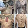 Illegal tattoos on Korean gangsters' bodies. They often show off the tattoos on social media in an attempt to recruit members. [JOONGANG PHOTO]