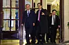 Korean Prime Minister Han Duck-soo, right, and former Secretary General of the United Nations Ban Ki-moon, left, are spotted coming out of a hotel in Paris on Monday after a rehearsal for the final presentation, on the eve of the vote determining the host city of the World Expo 2030 by the Bureau International des Expositions (BIE). [PRIME MINISTER’S SECRETARIAT]