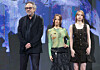 The director and cast of Netflix's ″Wednesday″ pose for photos during a press conference held in Jongno District, central Seoul, on Aug. 11. From left are director Tim Burton, actors Jenna Ortega and Emma Myers. [YONHAP]