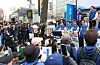 Democratic Party leader Lee Jae-myung, far right, speaks at a campaign rally in Dongjak District, southern Seoul, on Monday. [YONHAP]