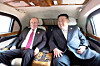 A picture released by North Korean newspaper Rodong Sinmun on Sept. 4 shows North Korean leader Kim Jong-un, right, in a private vehicle with Russian President Vladimir Putin on Sept. 3 in Beijing. [RODONG SINMUN]