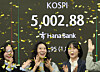 Korean bourse Kospi surpasses the 5,000 mark for the first time on the morning of Jan. 22. Numbers are shown at a digital board in Hana Bank in Jung District, central Seoul, as dealers celebrate the historic moment. [YONHAP]