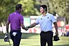 Justin Thomas, left, and Kim Seong-hyeon shake hands on the 18th green during the final round of the Fortinet Championship at Silverado Resort and Spa on in Napa, California on Sunday. [GETTY IMAGES]