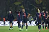Paris Saint-Germain's Lee Kang-in, second from right, along with teammates Kylian Mbappe and Ousmane Dembele react as they walk off the pitch at the end of the UEFA Champions League semifinal second leg match against Borussia Dortmund at Parc des Princes in Paris on Tuesday. [AFP/YONHAP]