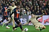 Montpellier's Teji Savanier, third from left, fights for the ball with Paris Saint-Germain's Lee Kang-in during the match at Stade de la Mosson in Montpellier, France on Sunday. [AFP/YONHAP]