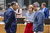 European Union foreign policy chief Kaja Kallas, center, talks with Poland's Foreign Minister Radoslaw Sikorski, left, and Luxembourg's Foreign Minister Xavier Bettel, right, during the EU foreign ministers meeting at the EU Council building in Brussels, July 15. [AP/YONHAP]