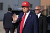 U.S. President Donald Trump waves after arriving on Air Force One at Des Moines International Airport in Des Moines, Iowa, on July 3. [AP/YONHAP]