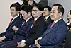 People Power Party (PPP) presidential primary candidates, from left, Kim Moon-soo, Ahn Cheol-soo, Han Dong-hoon and Hong Joon-pyo, attend a media day event at the PPP campaign office at the National Assembly in Yeouido, western Seoul, on April 23. [YONHAP]