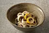 Honghaesam is sea cucumber and mussels wrapped in diced beef and crushed tofu that is cooked on a pan after being coated with egg. [ONJIUM]