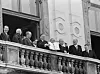 Foreign ministers and leaders of the four allied powers of WWII and Austria — John Foster Dulles of the United States, Antoine Pinay of France, Leopold Figl, foreign minister of Austria, Adolf Scharf, vice-chancellor of Austria, Vyacheslav Molotov of the Soviet Union, Julius Raab, chancellor of Austria -- show the Austrian State Treaty at a balcony of the Belvedere Palace on May 15, 1955. [VOTAVA, VIENNA]
