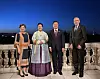 Korean President Moon Jae-in and first lady Kim Jung-sook, center, take a commemorative photo with Austrian President Alexander Van der Bellen, far right, and first lady Doris Schmidauer, far left, at the Belvedere Palace in Vienna on June 14, at the same balcony where the Austrian State Treaty was announced in 1955. [BLUE HOUSE]