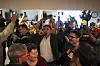 Members of the Naleraq party dance during a party after parliamentary elections in Nuuk, Greenland, on March 11. [AP/YONHAP]
