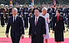 President Yoon Suk Yeol, front right, and Polish President Andrzej Duda, front left, accompanied by first ladies Kim Keon Hee, back right, and Agata Kornhauser-Duda, take part in a welcome ceremony ahead of their bilateral summit at the Yongsan presidential office in central Seoul on Thursday. [JOINT PRESS CORPS]