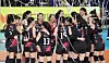 The Daejeon Jung Kwan Jang Red Sparks celebrate after a 3-2 win over the Heungkuk Life Insurance Pink Spiders in their fourth game of the 2024-25 V League Championship at Chungmu Gymnasium in Daejeon on April 6. [YONHAP]