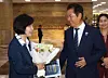 Choo Mi-ae (left) of the Democratic Party, elected chair of the Legislation and Judiciary Committee at a plenary session of the National Assembly in Yeouido, Seoul, on Aug. 21, leaves the chamber and greets Democratic Party leader Jung Chung-rae. [YONHAP]