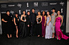 The cast and crew of Netflix's animated hit ″KPop Demon Hunters″ (2025) pose for a photo after the film received Best Animated Feature at the 31st Critics Choice Awards at The Barker Hanger in Santa Monica, California, on Jan. 4. From left is Audrey Nuna, Rei Ami, Ejae, Mark Sonnenblick, Chris Appelhans, Maggie Kang, Michelle Wong, Arden Cho, May Hong and Yoo Ji-young. [AP/YONHAP]