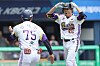 Doosan Bears outfielder Jung Soo-bin, right, celebrates during the KBO game against the LG Twins at Jamsil Baseball Stadium in southern Seoul on May 5. [DOOSAN BEARS]